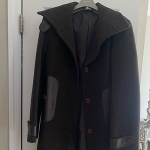 Brown wool coat with leather trim brand new condition